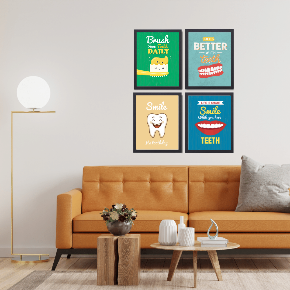 Dentist Funny Quote Wall Frames for Dental Clinic, Set of 4 Photo Frame for Hospital, With Hanging Hook | Brush Framed poster Pictures for Wall Decoration