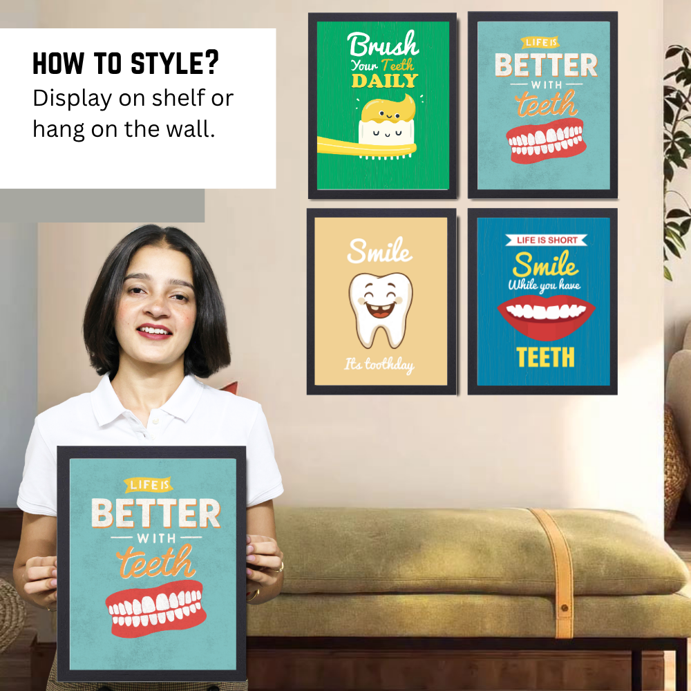 Dentist Funny Quote Wall Frames for Dental Clinic, Set of 4 Photo Frame for Hospital, With Hanging Hook | Brush Framed poster Pictures for Wall Decoration