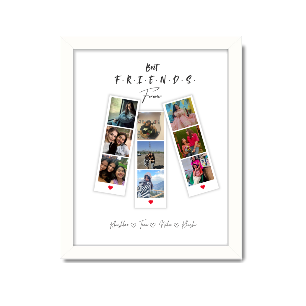 best friends photo collage frame, custom BFF gift, personalized friends frame with names, friendship day photo gift, polaroid style collage poster, white frame wall art for friends, custom gift for girl gang, friends forever picture collage, amazon friendship frame, canvas print for besties, personalized friend poster, group friend photo frame, meaningful gift for best friend, frame for family cuples memories
