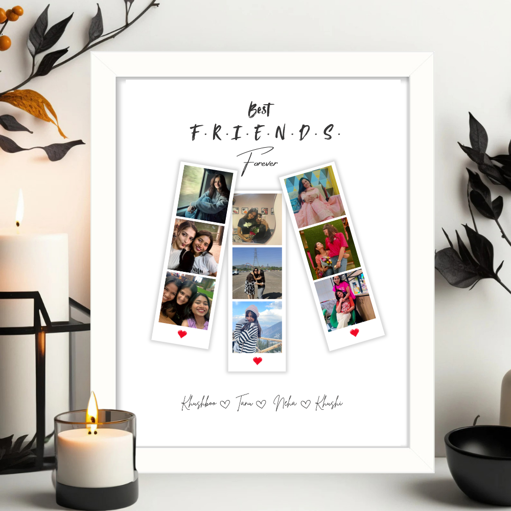 Best Friends Forever Custom Photo Frame – White Frame Wall Art with Names & Polaroid Style Layout