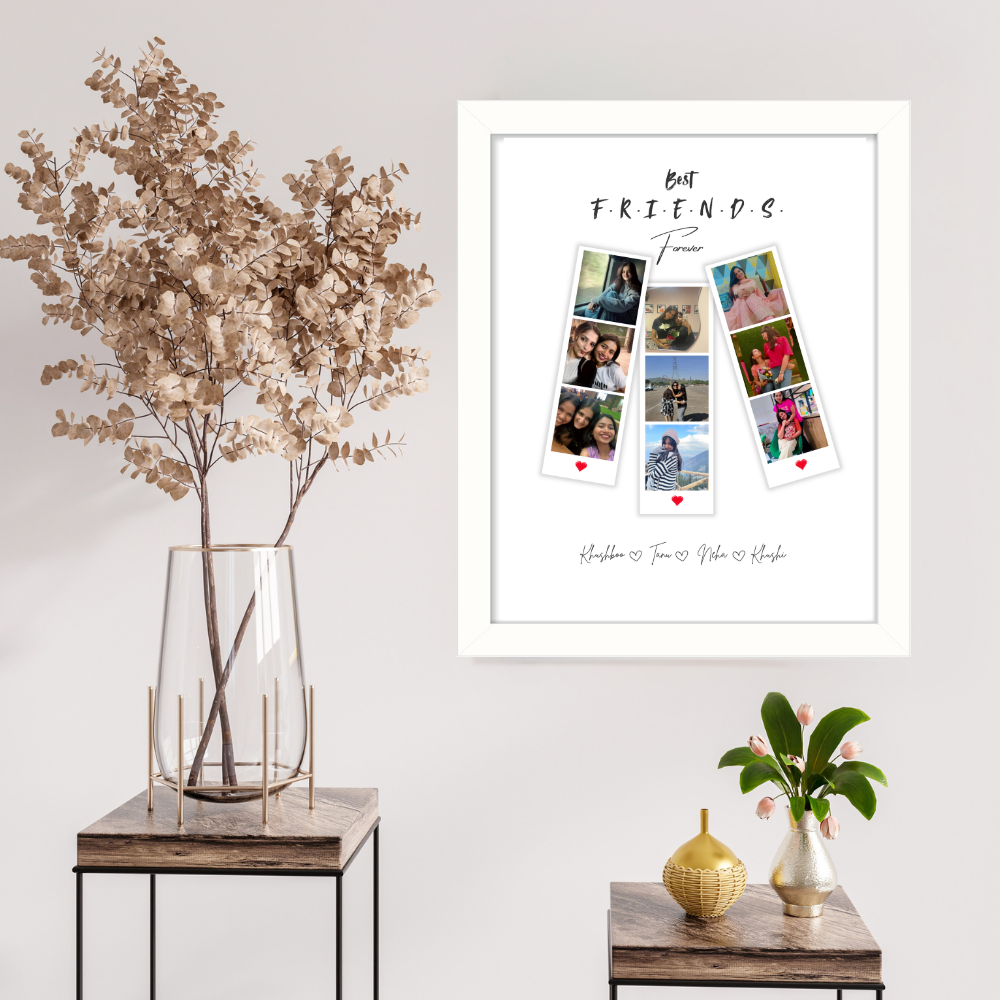 Best Friends Forever Custom Photo Frame – White Frame Wall Art with Names & Polaroid Style Layout
