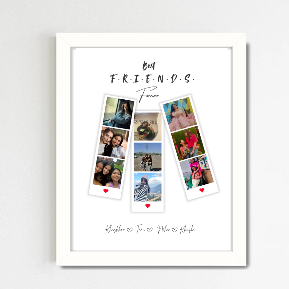Best Friends Forever Custom Photo Frame – White Frame Wall Art with Names & Polaroid Style Layout