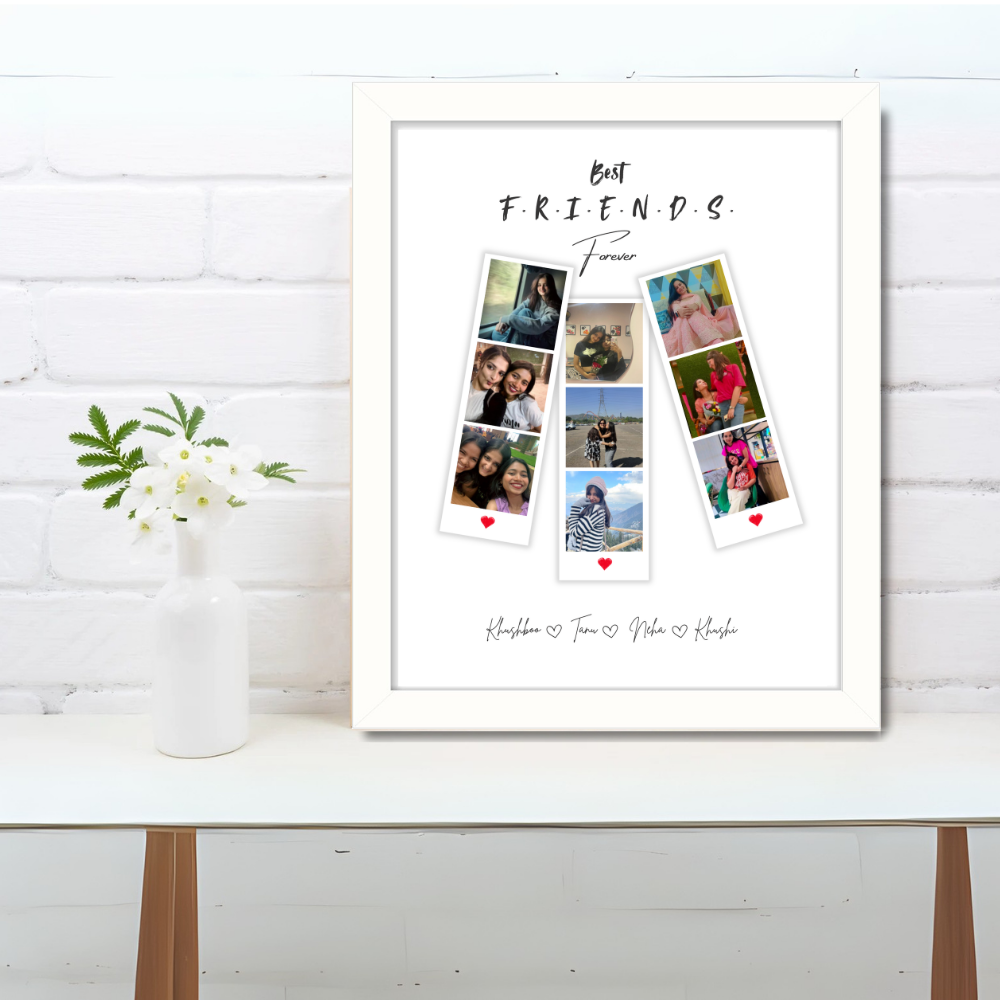 Best Friends Forever Custom Photo Frame – White Frame Wall Art with Names & Polaroid Style Layout