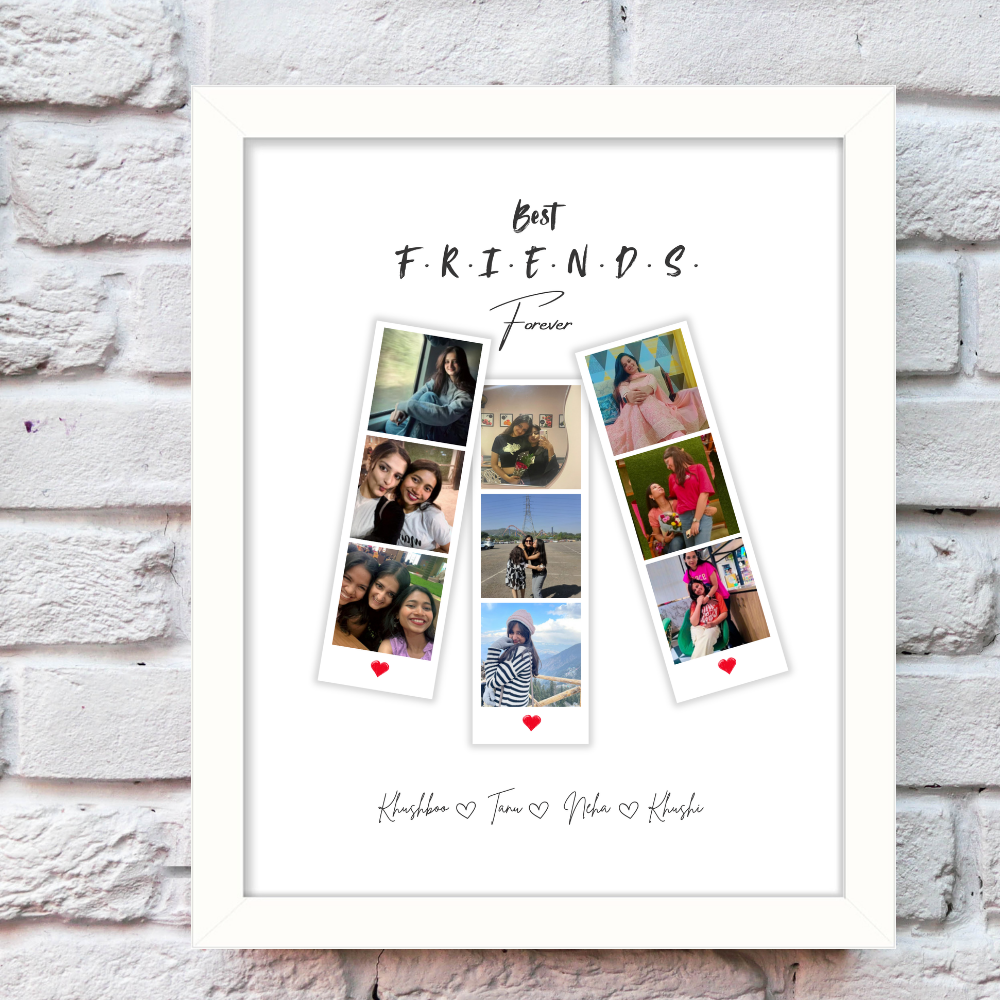Best Friends Forever Custom Photo Frame – White Frame Wall Art with Names & Polaroid Style Layout