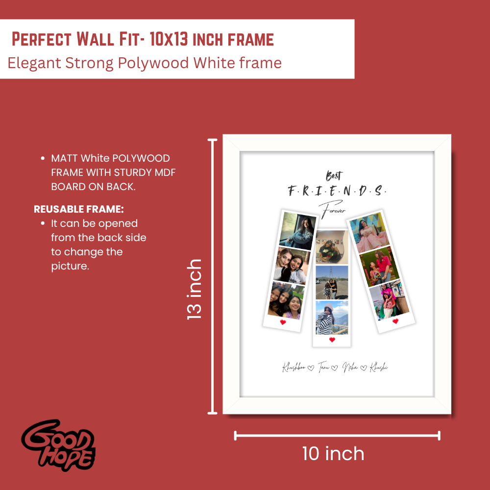 Best Friends Forever Custom Photo Frame – White Frame Wall Art with Names & Polaroid Style Layout
