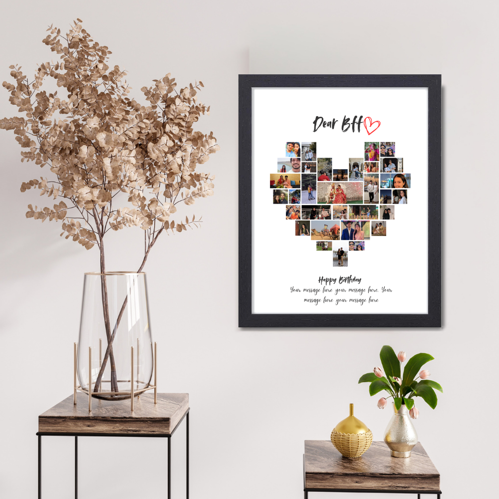 Custom Heart Photo Collage Black Frame 10x13 Inch – Personalized BFF Picture Frame with Message