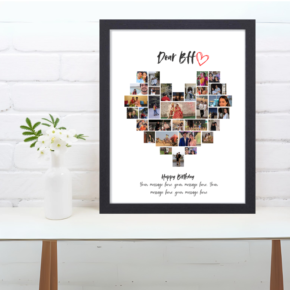 Custom Heart Photo Collage Black Frame 10x13 Inch – Personalized BFF Picture Frame with Message