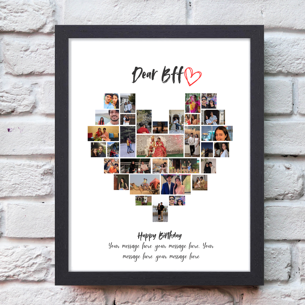Custom Heart Photo Collage Black Frame 10x13 Inch – Personalized BFF Picture Frame with Message