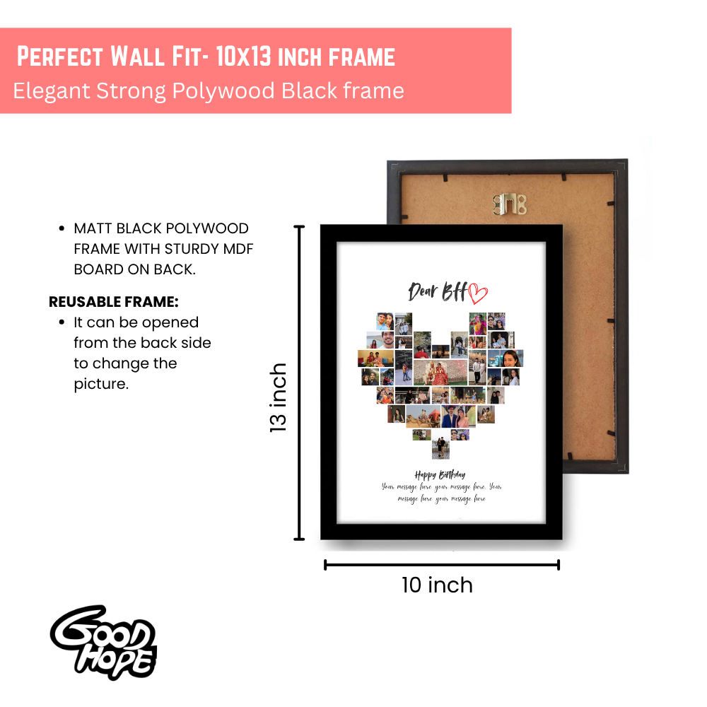 Custom Heart Photo Collage Black Frame 10x13 Inch – Personalized BFF Picture Frame with Message