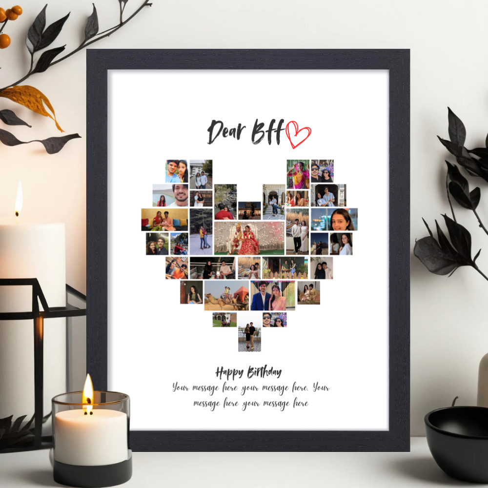 Custom Heart Photo Collage Black Frame 10x13 Inch – Personalized BFF Picture Frame with Message
