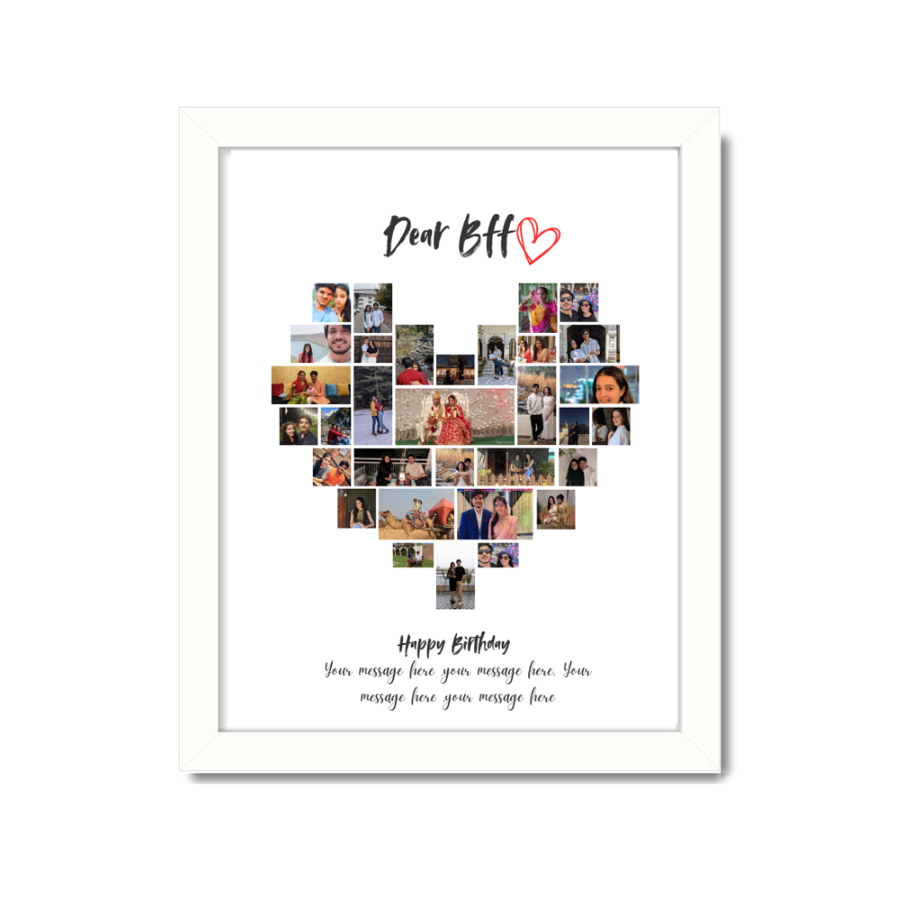 Custom heart-shaped photo collage in a white frame with "Dear BFF" text, personalized birthday gift for best friend custom photo collage frame, heart photo collage for best friend, personalized BFF gift, white frame collage, friendship day photo gift, custom birthday frame for friend, best friend photo wall art, heart collage poster, printed canvas with custom photos, frame for friendship pictures, customizable wall decor for best friend, dear bff photo frame, custom gift for best friend girl, amazon person
