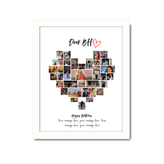 Custom heart-shaped photo collage in a white frame with "Dear BFF" text, personalized birthday gift for best friend custom photo collage frame, heart photo collage for best friend, personalized BFF gift, white frame collage, friendship day photo gift, custom birthday frame for friend, best friend photo wall art, heart collage poster, printed canvas with custom photos, frame for friendship pictures, customizable wall decor for best friend, dear bff photo frame, custom gift for best friend girl, amazon person