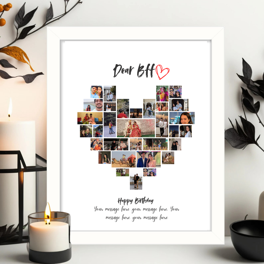 Custom BFF Heart Photo Collage – White Frame Wall Art| Personalized Gift for Best Friend | Birthday Friendship Picture Frame