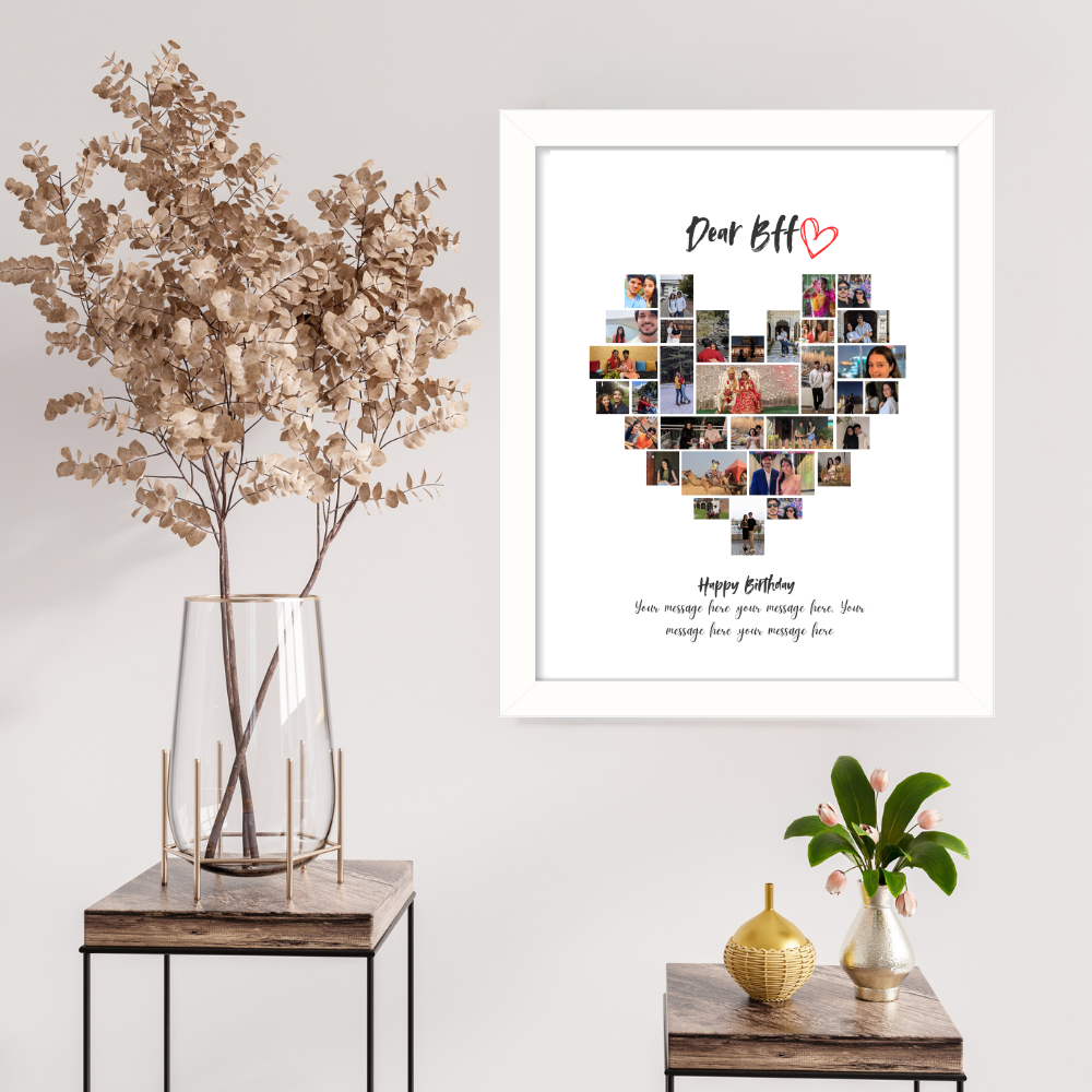 Custom BFF Heart Photo Collage – White Frame Wall Art| Personalized Gift for Best Friend | Birthday Friendship Picture Frame