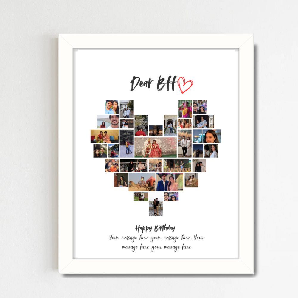 Custom BFF Heart Photo Collage – White Frame Wall Art| Personalized Gift for Best Friend | Birthday Friendship Picture Frame