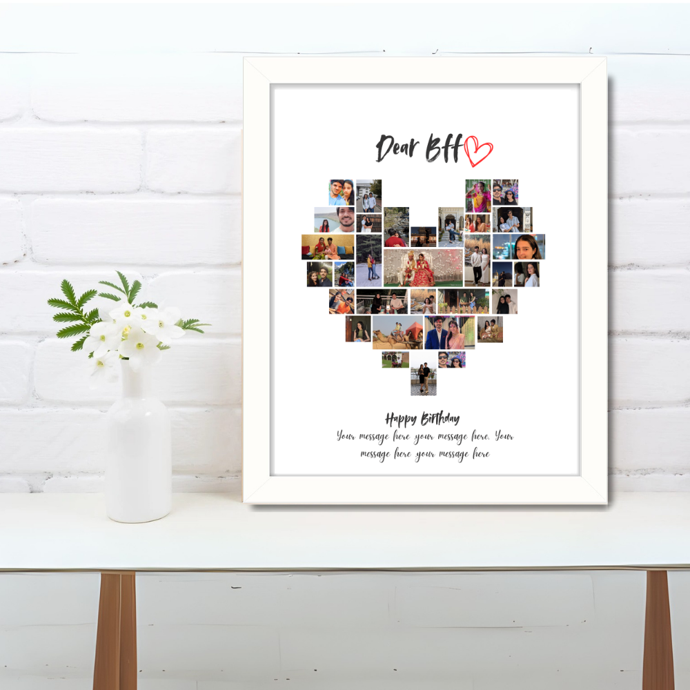 Custom BFF Heart Photo Collage – White Frame Wall Art| Personalized Gift for Best Friend | Birthday Friendship Picture Frame