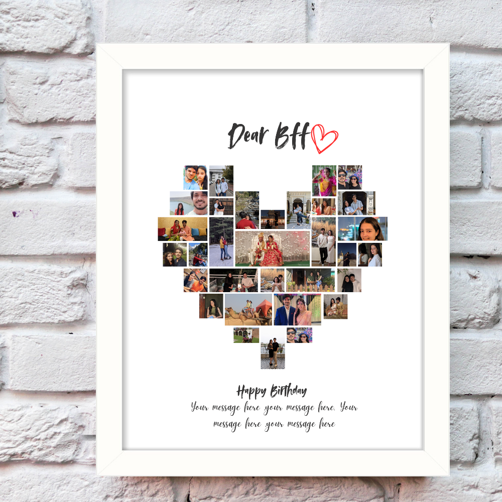 Custom BFF Heart Photo Collage – White Frame Wall Art| Personalized Gift for Best Friend | Birthday Friendship Picture Frame