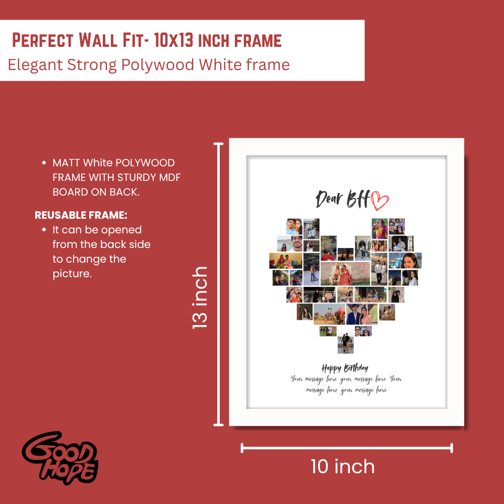 Custom BFF Heart Photo Collage – White Frame Wall Art| Personalized Gift for Best Friend | Birthday Friendship Picture Frame