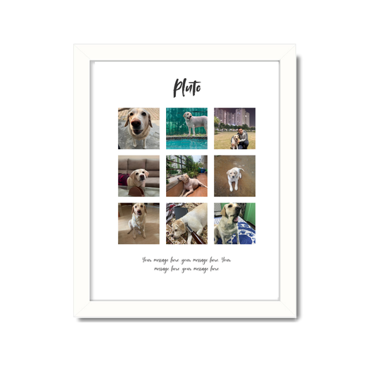 Personalized photo collage in white frame featuring 9 pictures for family friends and couple, pet name "Pluto", and a custom message – ideal for dog lovers, cat photo wall decor, memory frame for dog lover, pet photo canvas print
