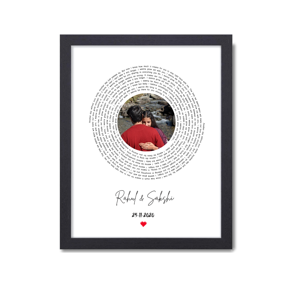 custom photo frame, personalized couple gift, anniversary gift for couple, wedding frame with names, love photo frame, romantic gifts, circular text frame, custom name frame, picture frame for boyfriend, photo frame with date and name, customized wall art, photo frame gift idea, personalized wall decor, printed picture frame for couples, Circular Text Design and Custom Names 