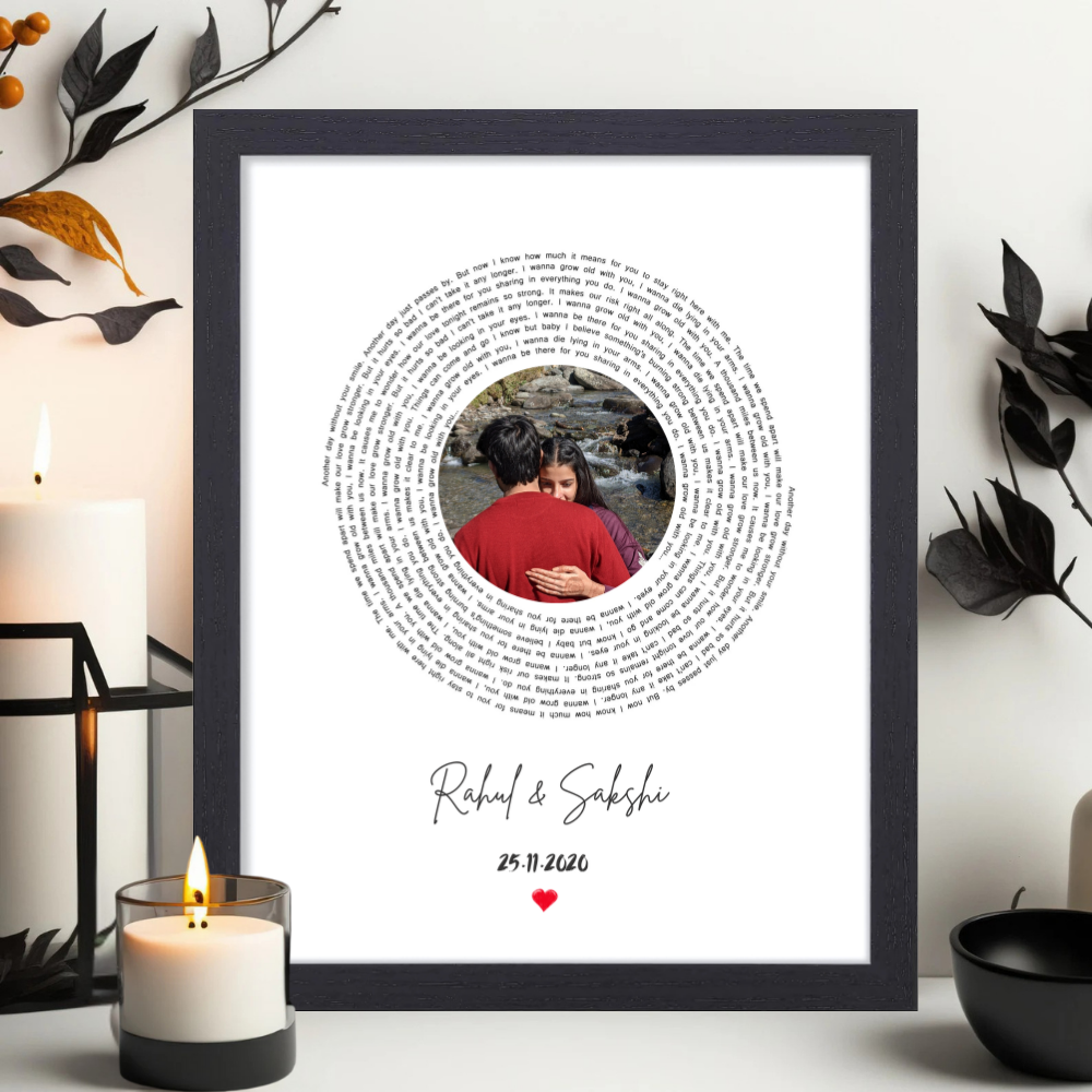 Customized Photo Frame with Circular Text Design | Personalized Couple Gift | 10x13 Inch Wall Decor Frame for Anniversary, Wedding or Valentine's Day