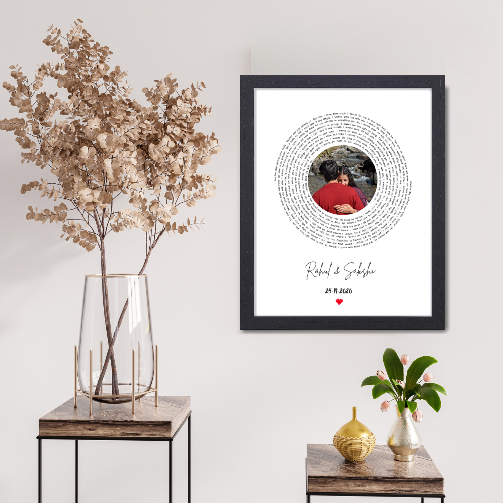 Customized Photo Frame with Circular Text Design | Personalized Couple Gift | 10x13 Inch Wall Decor Frame for Anniversary, Wedding or Valentine's Day