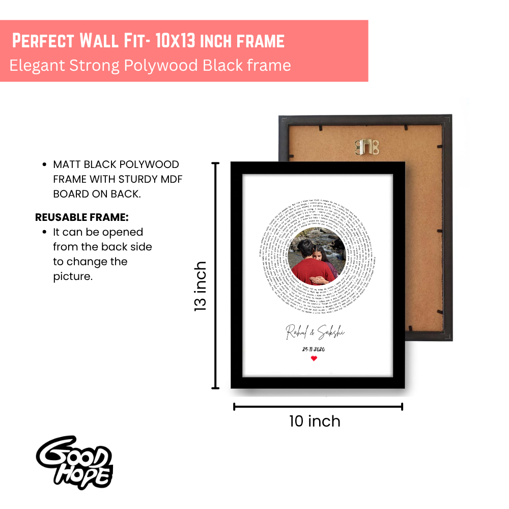 Customized Photo Frame with Circular Text Design | Personalized Couple Gift | 10x13 Inch Wall Decor Frame for Anniversary, Wedding or Valentine's Day