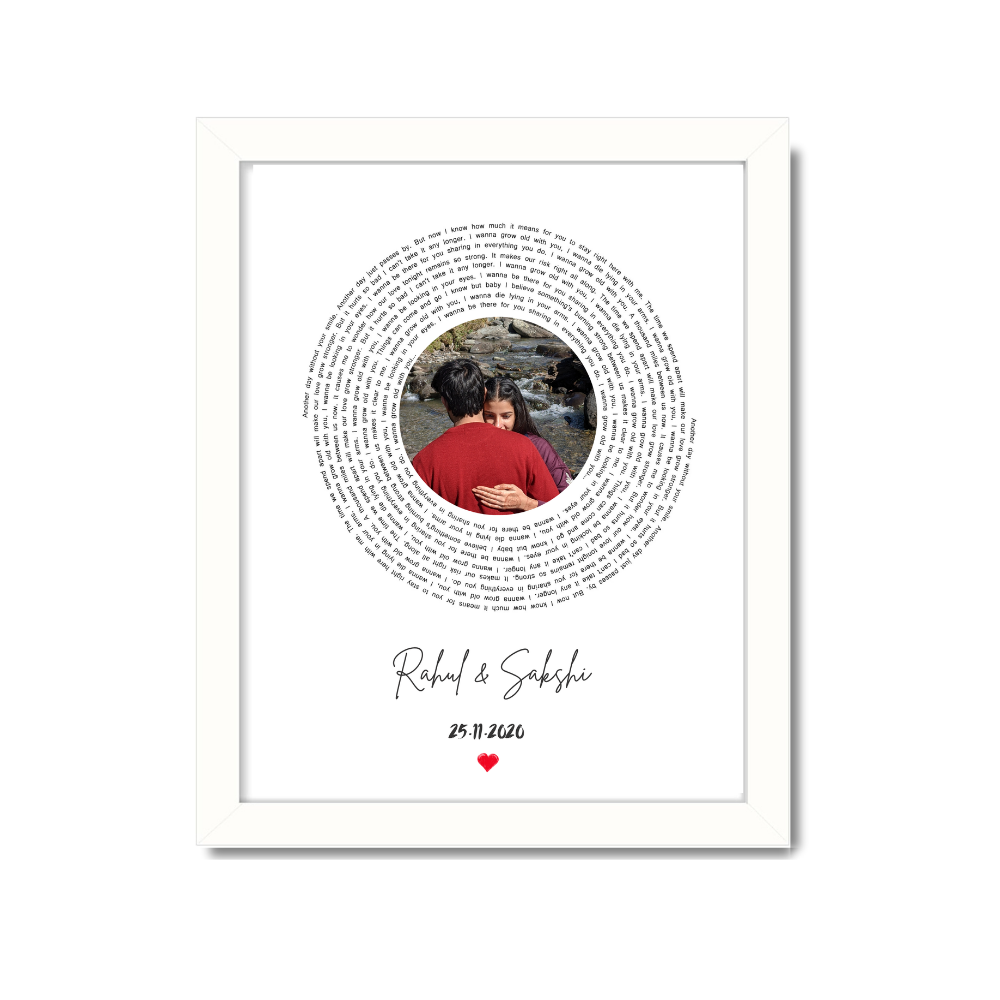Personalized white photo frame with circular text design and couple's name and date – custom romantic gift for partner or anniversary, custom circular text frame, personalized couple photo frame, white frame romantic gift, anniversary gift for husband wife, custom photo with message frame, framed couple print with name and date, wedding gift photo frame, love story wall decor, canvas with circular quote, custom framed love letter photo, romantic custom wall art, relationship milestone gift.