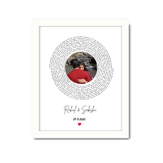 Personalized white photo frame with circular text design and couple's name and date – custom romantic gift for partner or anniversary, custom circular text frame, personalized couple photo frame, white frame romantic gift, anniversary gift for husband wife, custom photo with message frame, framed couple print with name and date, wedding gift photo frame, love story wall decor, canvas with circular quote, custom framed love letter photo, romantic custom wall art, relationship milestone gift.