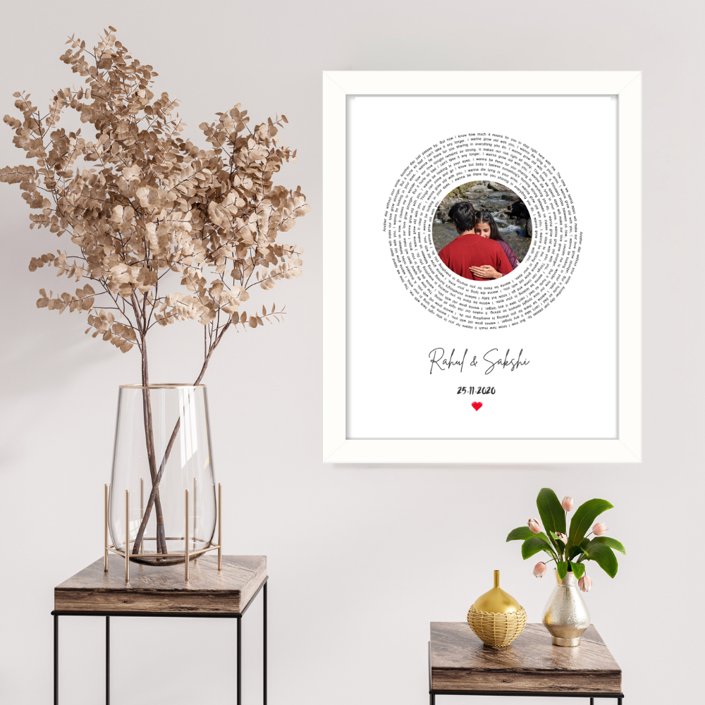 Customized Circular Text Photo Frame – White Frame Wall Art | Personalized Couple Gift with Name, Date & Message