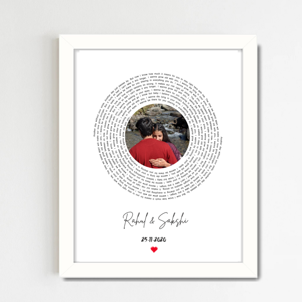Customized Circular Text Photo Frame – White Frame Wall Art | Personalized Couple Gift with Name, Date & Message