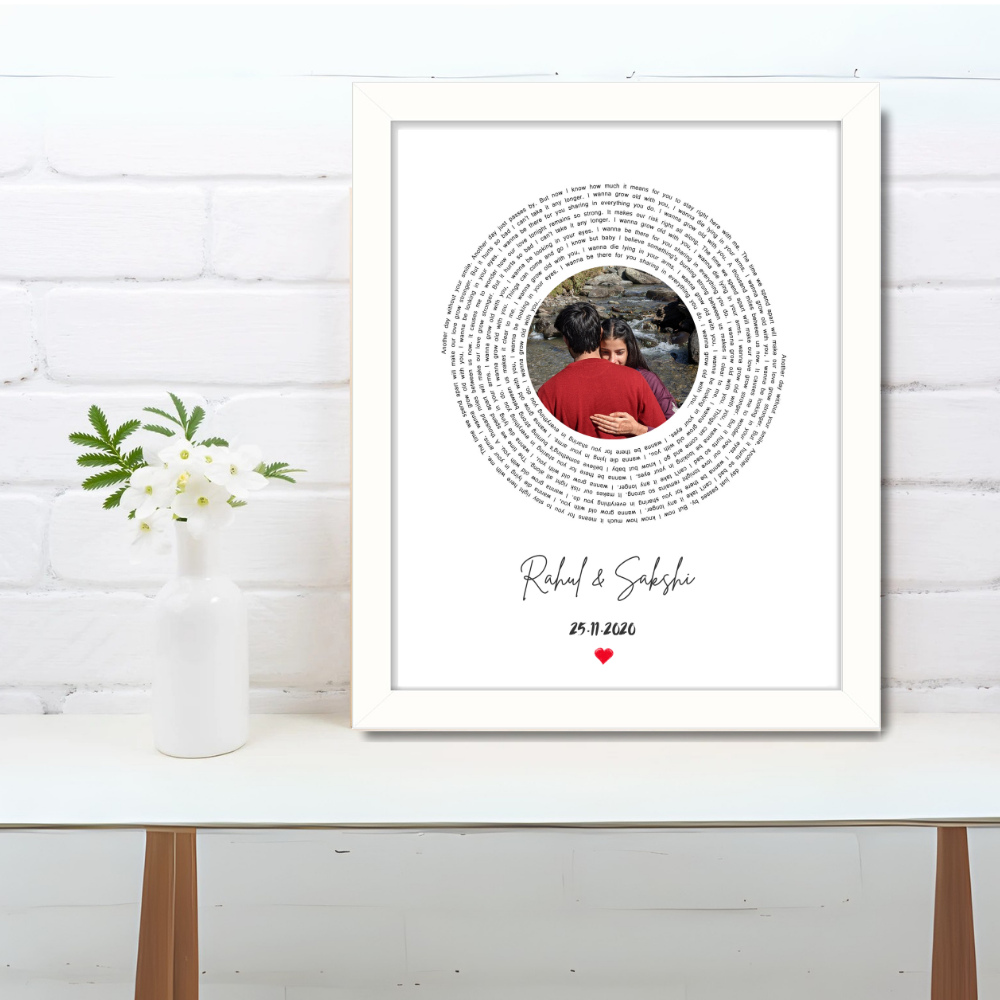 Customized Circular Text Photo Frame – White Frame Wall Art | Personalized Couple Gift with Name, Date & Message