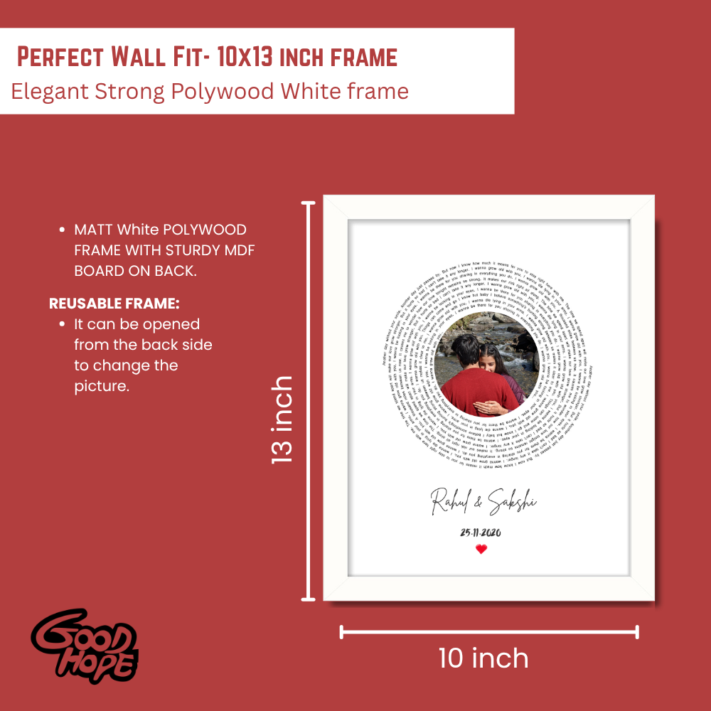 Customized Circular Text Photo Frame – White Frame Wall Art | Personalized Couple Gift with Name, Date & Message