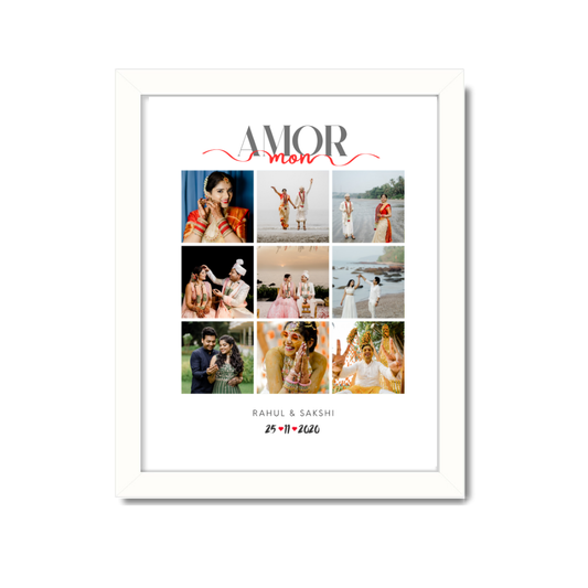 Custom Wedding Photo Collage Frame – Amor Mon Design with White Frame (Available in Poster, Frame & Canvas) | Personalized Couple Gift with Date & Name | 9 Photo Grid, custom wedding photo collage, personalized couple frame, amor mon design wall art, pre-wedding photo frame, romantic photo collage canvas, personalized wedding decor, wedding keepsake gift idea