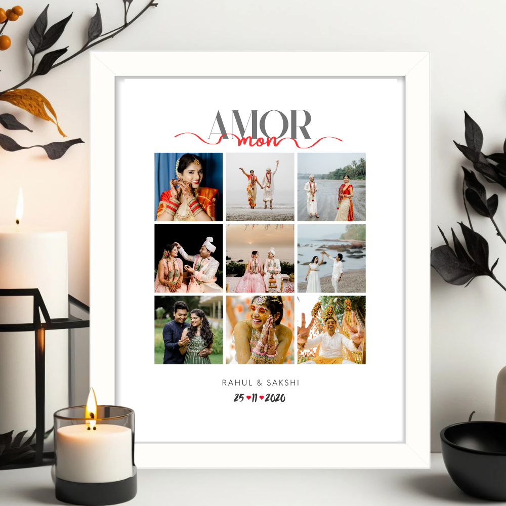 Customized Photo Collage Frame – Amor Mon Design with White Frame | Personalized Couple Gift with Date & Name | 9 Photo Grid