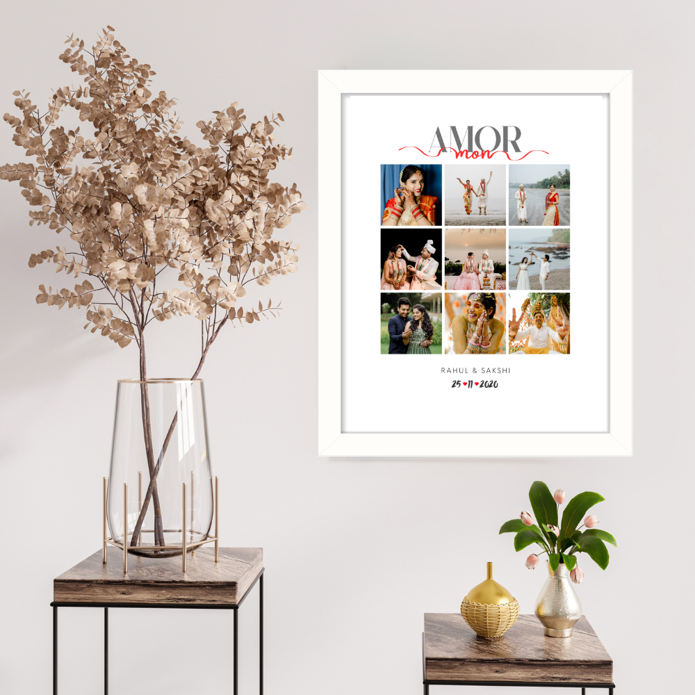 Customized Photo Collage Frame – Amor Mon Design with White Frame | Personalized Couple Gift with Date & Name | 9 Photo Grid