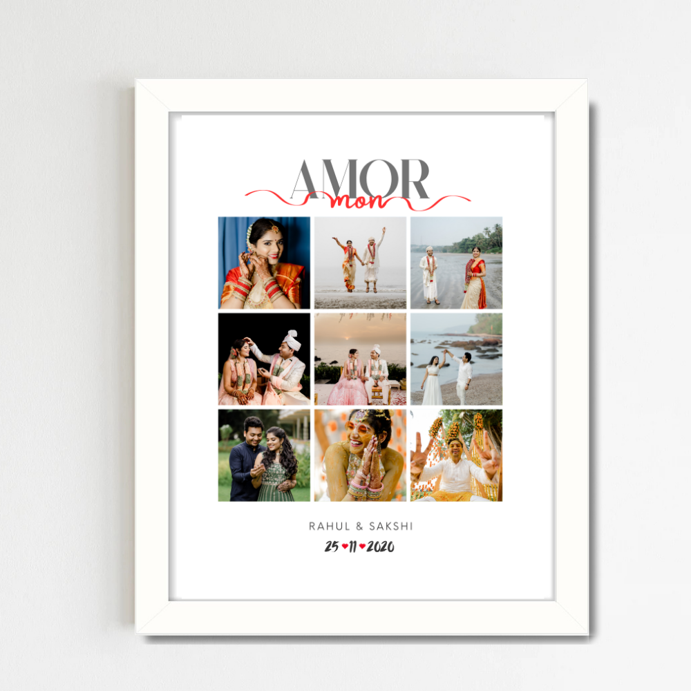 Customized Photo Collage Frame – Amor Mon Design with White Frame | Personalized Couple Gift with Date & Name | 9 Photo Grid