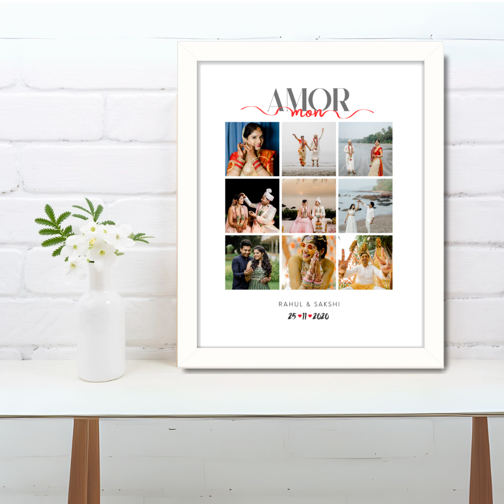 Customized Photo Collage Frame – Amor Mon Design with White Frame | Personalized Couple Gift with Date & Name | 9 Photo Grid
