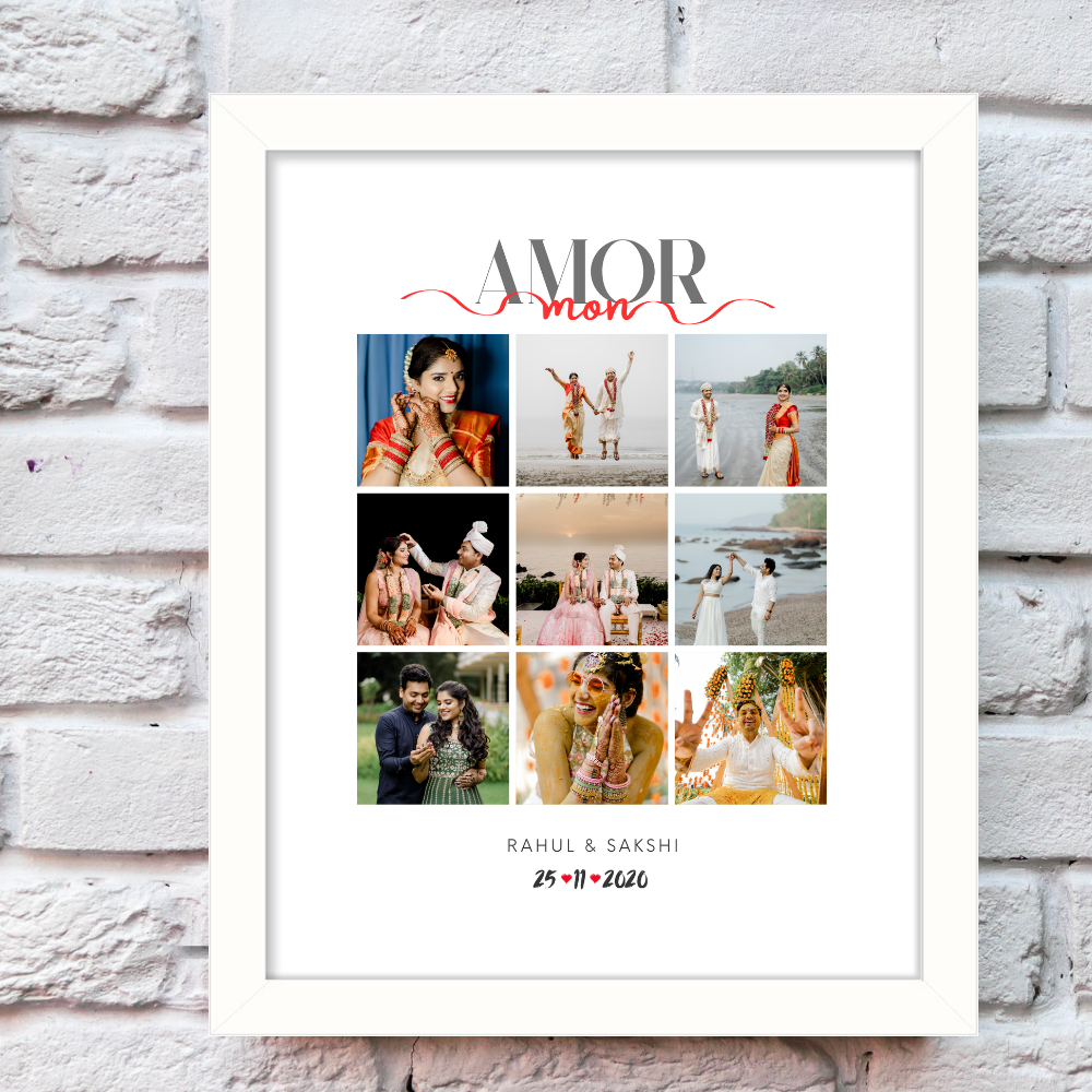 Customized Photo Collage Frame – Amor Mon Design with White Frame | Personalized Couple Gift with Date & Name | 9 Photo Grid