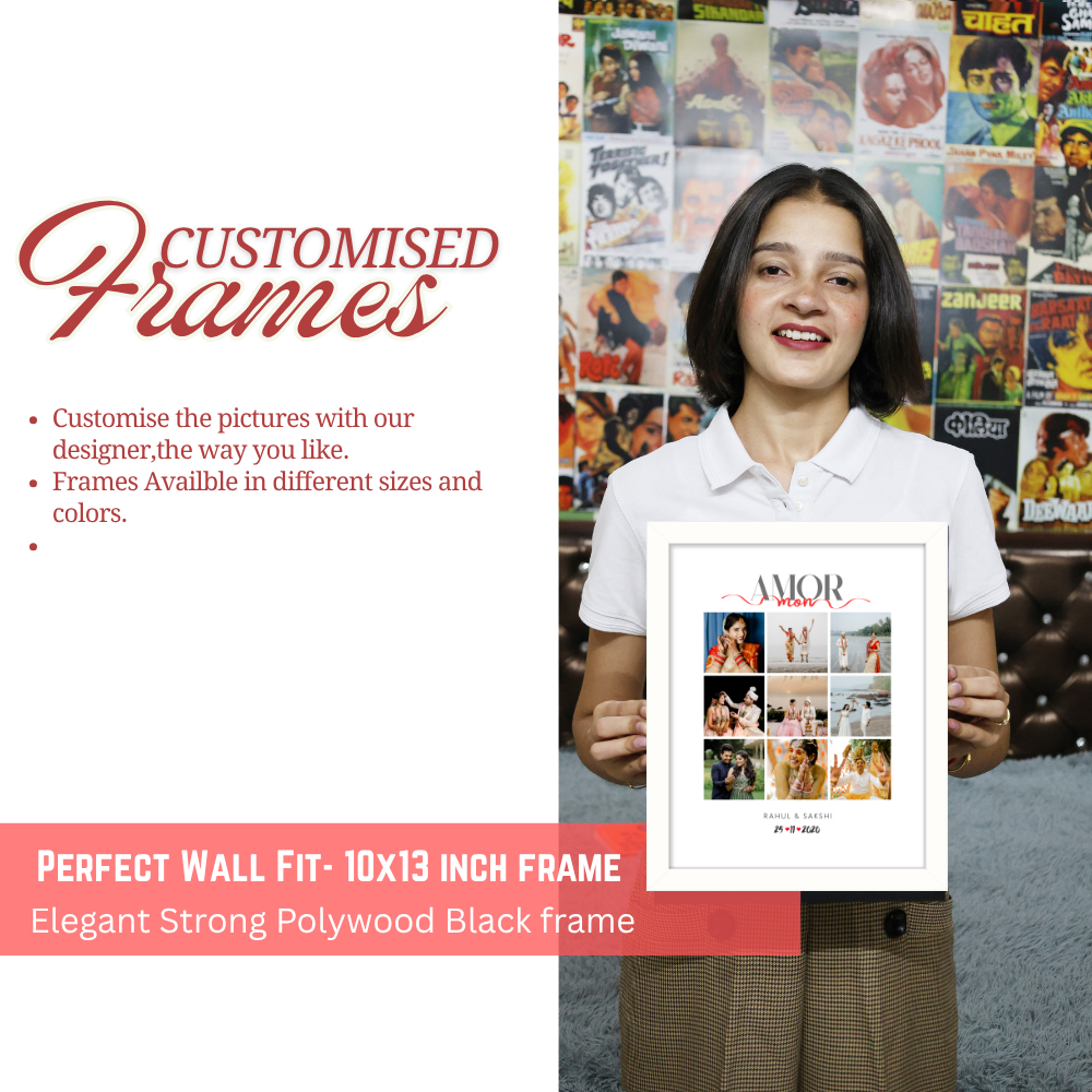 Customized Photo Collage Frame – Amor Mon Design with White Frame | Personalized Couple Gift with Date & Name | 9 Photo Grid