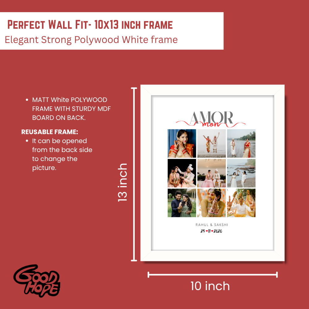 Customized Photo Collage Frame – Amor Mon Design with White Frame | Personalized Couple Gift with Date & Name | 9 Photo Grid