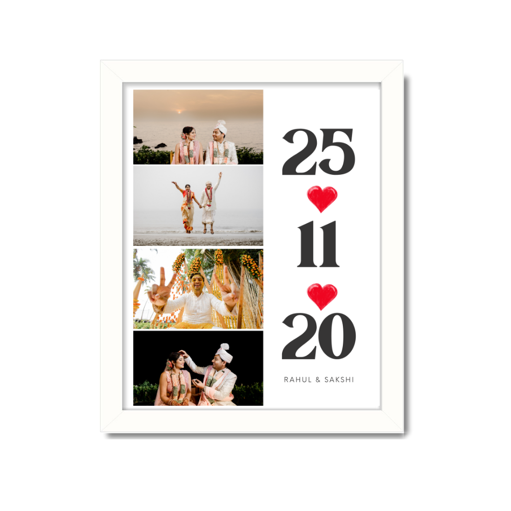 Personalized white photo frame with 4 vertical images for couples and new born baby wedding date (25-11-20), couple's name – custom anniversary or wedding gift, custom wedding date photo frame, personalized couple photo gift, wedding date wall decor, 4 photo vertical collage, white frame anniversary gift, marriage date picture frame, custom photo collage with date, framed romantic gift for couples, canvas with wedding date and photos, wedding keepsake gift for him or her, custom engagement memory wall art