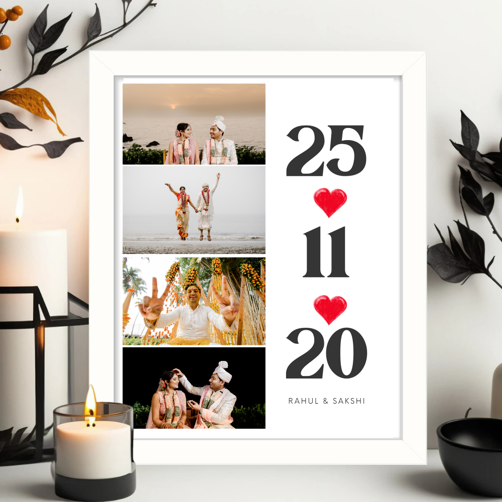Customized Photo Frame with date and caption – Vertical Photo Strip with Name & Special Date | White Frame
