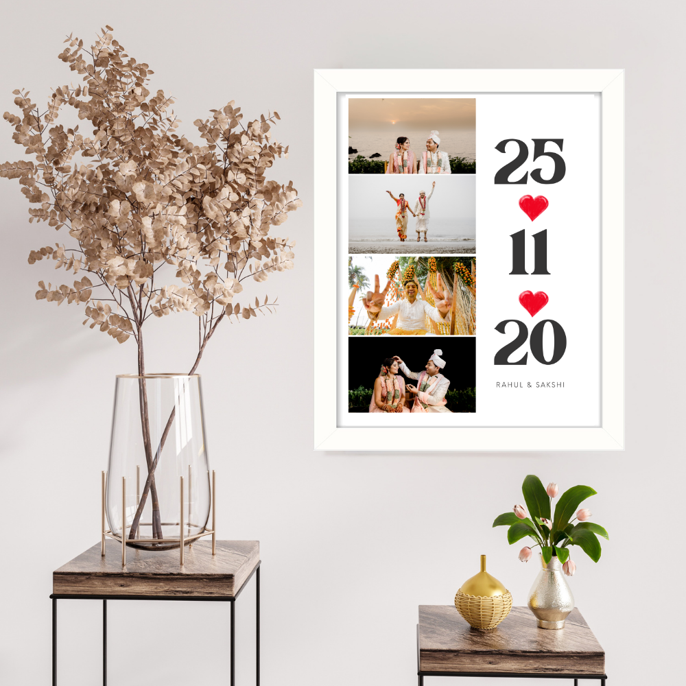 Customized Photo Frame with date and caption – Vertical Photo Strip with Name & Special Date | White Frame