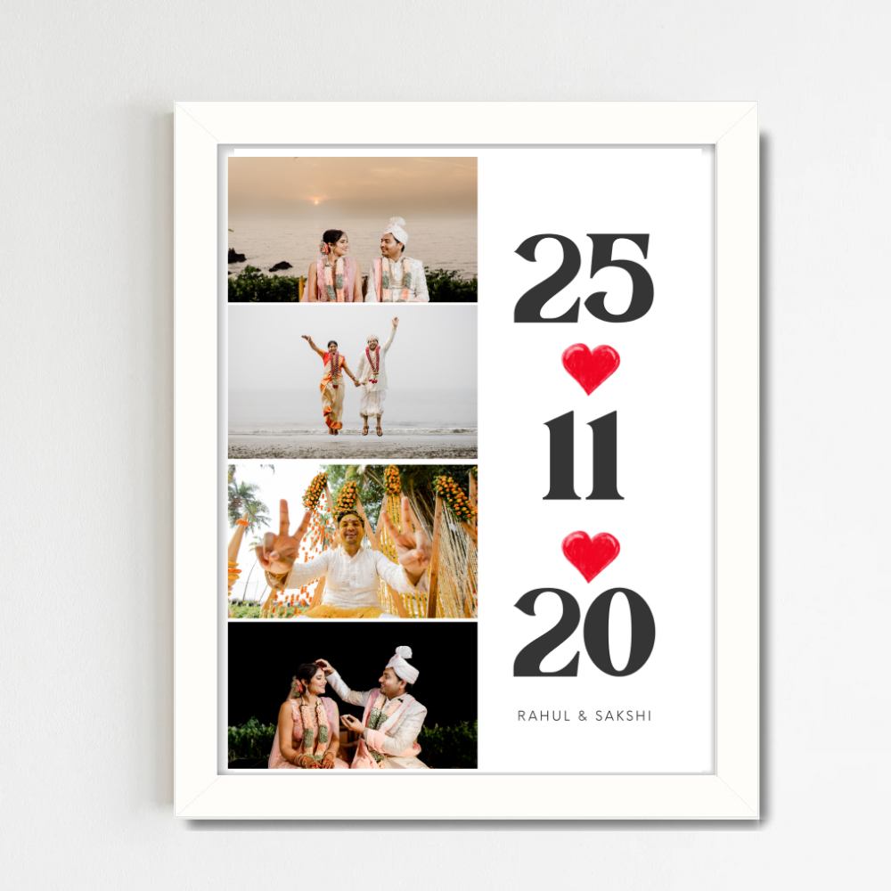 Customized Photo Frame with date and caption – Vertical Photo Strip with Name & Special Date | White Frame
