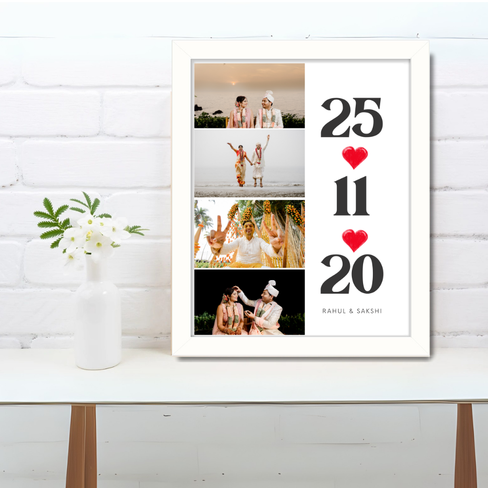 Customized Photo Frame with date and caption – Vertical Photo Strip with Name & Special Date | White Frame