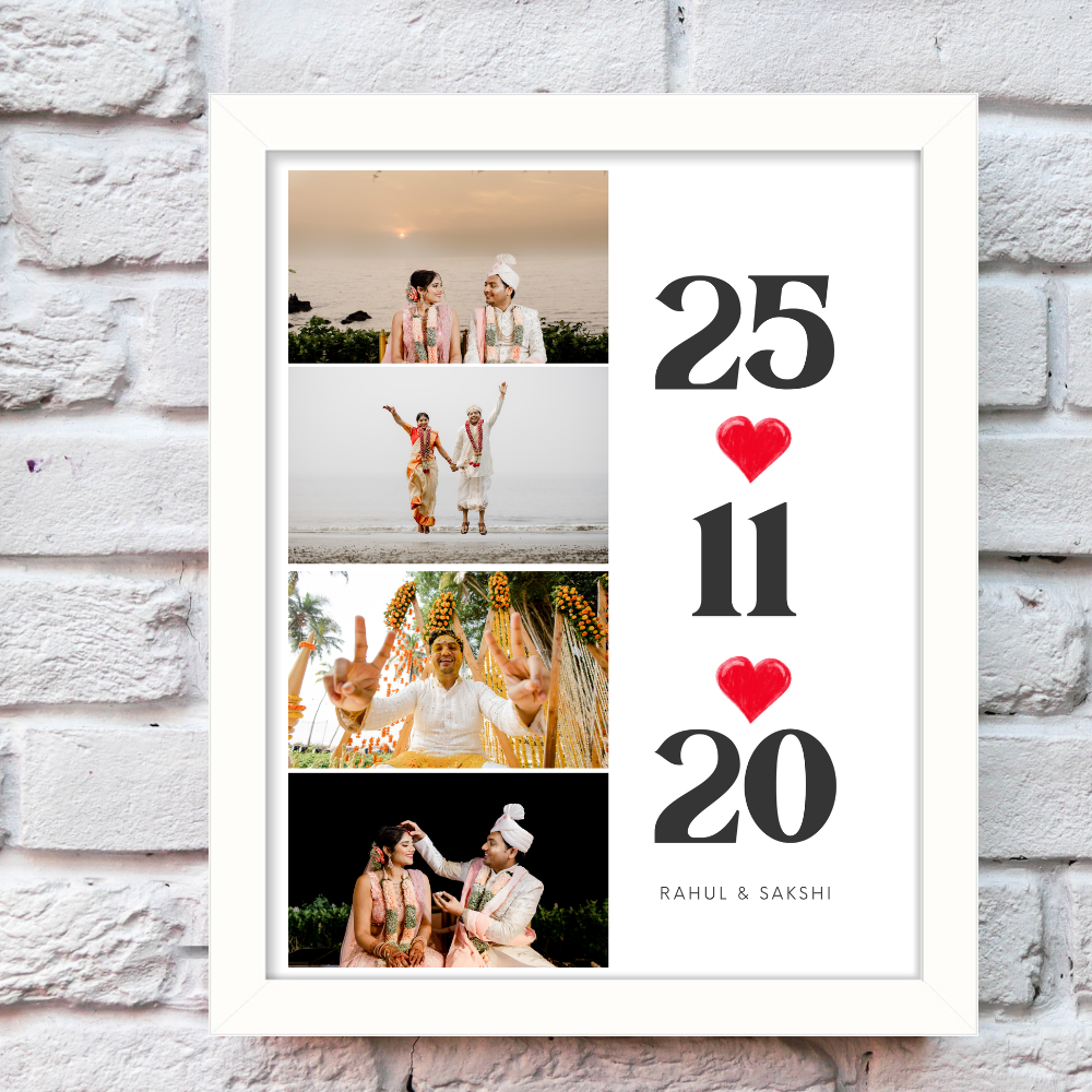 Customized Photo Frame with date and caption – Vertical Photo Strip with Name & Special Date | White Frame