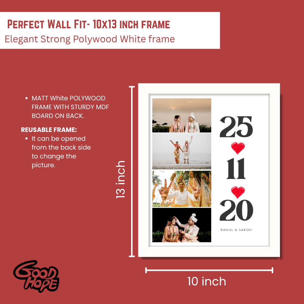 Customized Photo Frame with date and caption – Vertical Photo Strip with Name & Special Date | White Frame