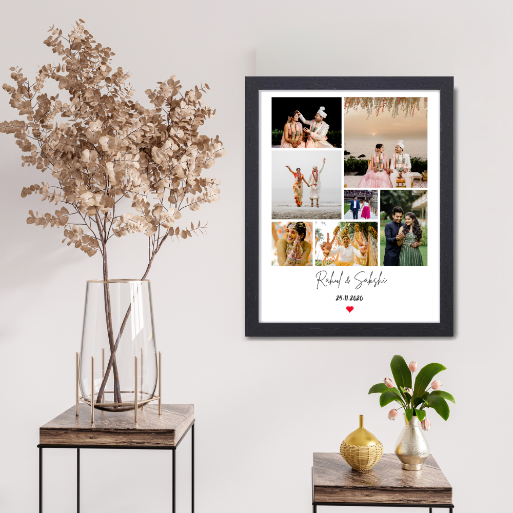 Personalized Wedding Photo Collage Frame | Custom 8-Photo Couple Picture Frame with Name & Date