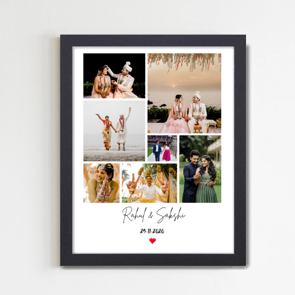 Personalized Wedding Photo Collage Frame | Custom 8-Photo Couple Picture Frame with Name & Date